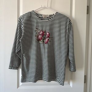 Striped Long Sleeve Top with Floral Embroidery